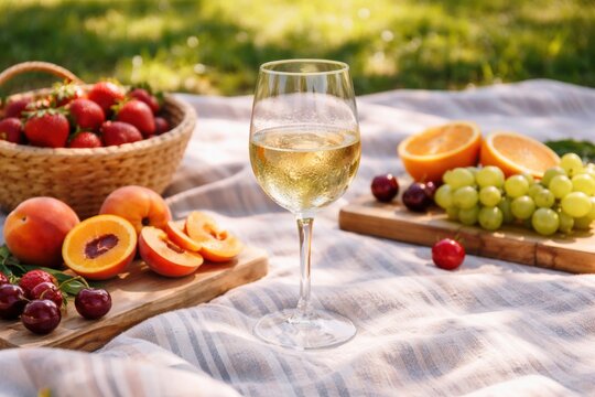 Glass of white wine sits on a picnic blanket with fresh fruits like strawberries, grapes, peaches, and oranges arranged nearby in a sunny outdoor environment