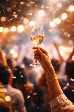 Sparkling wine glass held in hand with blurred festive background of colorful lights and bokeh effects, creating a celebratory atmosphere for events and parties
