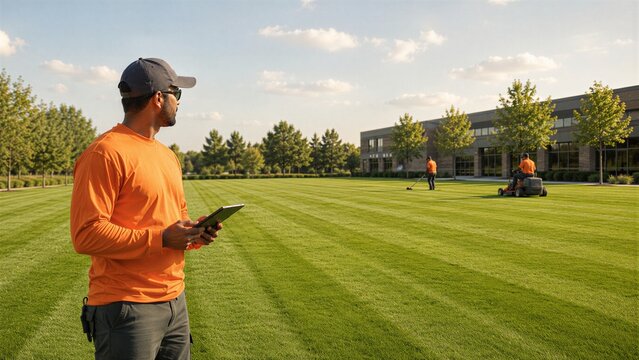 Landscape manager holding tablet checking commercial lawn mowing. Professional gardener supervising maintenance team on office park grounds. Lawn care service business project management.