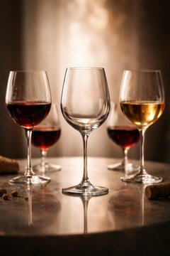 Empty wine glass positioned centrally on a dark table with several filled glasses of red wine and corks scattered around, creating an elegant dining atmosphere
