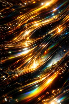 Abstract representation of golden liquid waves with reflective highlights against a dark backdrop, showcasing fluid motion and vibrant colors