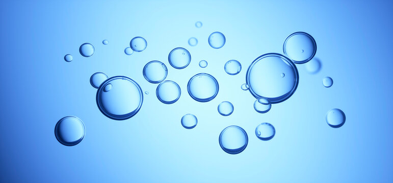 Water bubbles floating on blue background with selective focus - 3D illustration