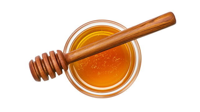 Wooden honey dipper resting on a glass bowl of golden honey, isolated on transparent background