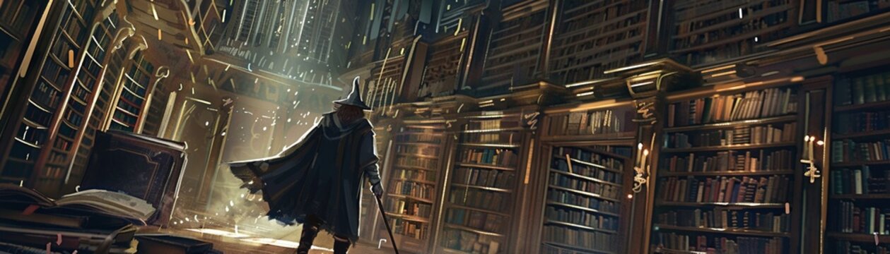A powerful wizard with a flowing beard and staff casts a spell in a towering, bookfilled library car smile
