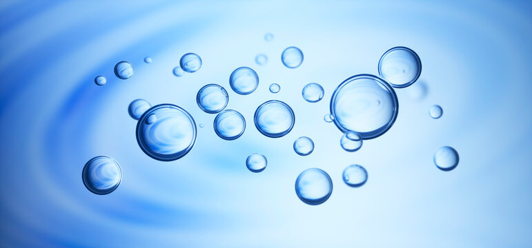 Water bubbles floating on blue background with selective focus - 3D illustration