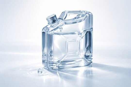 Fuel nozzle pouring liquid into a transparent glass container, showcasing the fluid dynamics and reflections against a bright, minimalistic background
