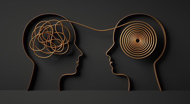 3D silhouette of a two heads with white tangled rope connected to order rope inside symbolizing mental confusion and mental health care on dark background with copy space	

