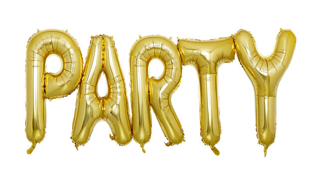Golden foil balloons spelling PARTY, isolated on transparent background