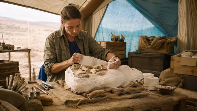 Paleontologist woman cleaning and wrapping dinosaur fossil in plaster bandage at desert excavation camp. Scientist working on prehistoric bone recovery. Paleontology research project.