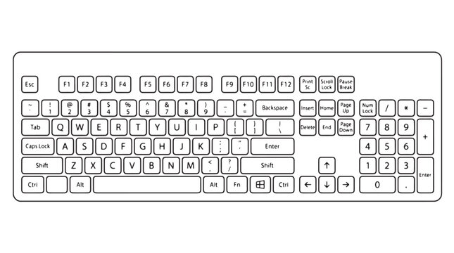 Minimalist computer keyboard line art vector, qwerty keypad outline illustration, modern desktop hardware icon for office and gaming tech