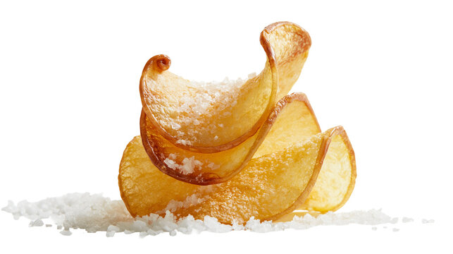 Golden potato chips sprinkled with salt, isolated on transparent background
