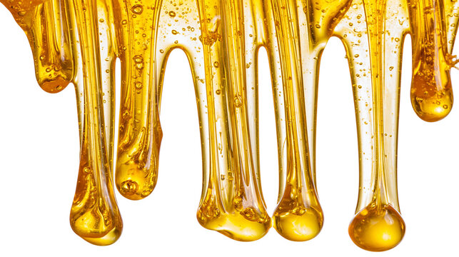 Golden viscous liquid dripping, isolated on transparent background
