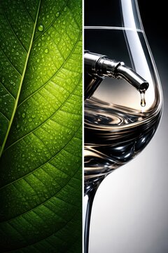 Close-up view of a green leaf with droplets of water next to a glass with liquid and a pouring spout, highlighting the contrast between natural and industrial elements