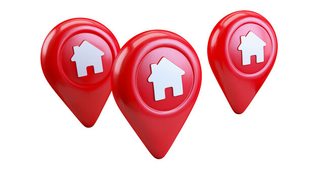 Three shiny red map pin pointers with white house icons, isolated on transparent background