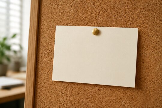 Blank cream notecard pinned to corkboard with brass tack, illuminated by soft diffused office light.