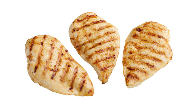Three grilled chicken breasts with distinct grill marks, isolated on transparent background