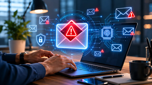 AI cybersecurity system scanning for email phishing threats and spam alerts on a laptop computer screen while a corporate professional types on the keyboard at night