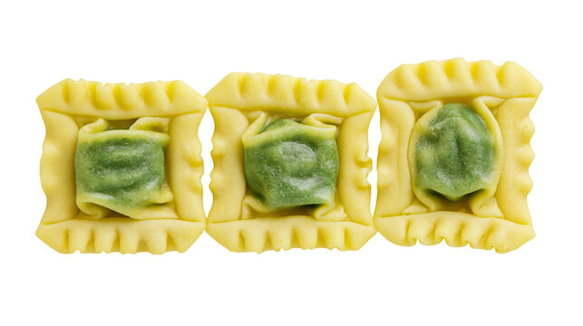 Three square ravioli with green filling, isolated on transparent background
