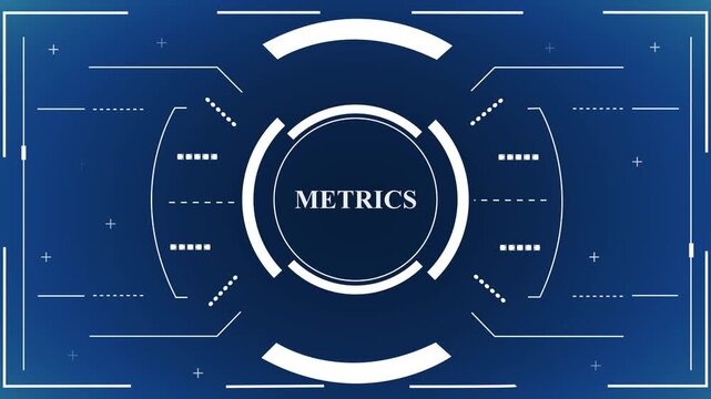 Abstract futuristic digital interface design with metrics text in the center and sleek blue HUD elements,A high-tech digital interface background featuring a circular HUD design with the word Metrics,