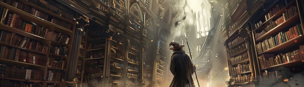 A powerful wizard with a flowing beard and staff casts a spell in a towering, bookfilled library car smile