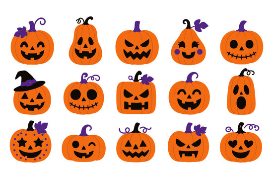 A collection of 15 cartoon Halloween jack-o'-lantern pumpkins featuring various expressive faces, carved expressions, hats, and vine details on a clean white background for seasonal designs.