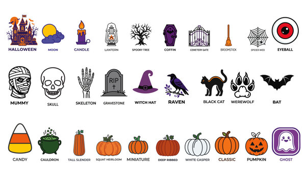 Comprehensive collection of Halloween themed icons including spooky characters, traditional holiday symbols, autumn harvest elements, and festive objects arranged in a neat grid layout.