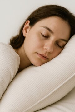 Young woman with brown hair sleeps on a white pillow, covered by a light blanket, in a calm and minimalistic bedroom environment