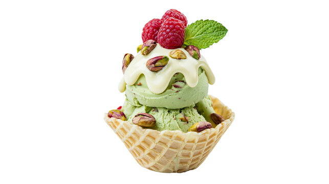 Pistachio ice cream scoops with raspberries and white chocolate drizzle, isolated on transparent background