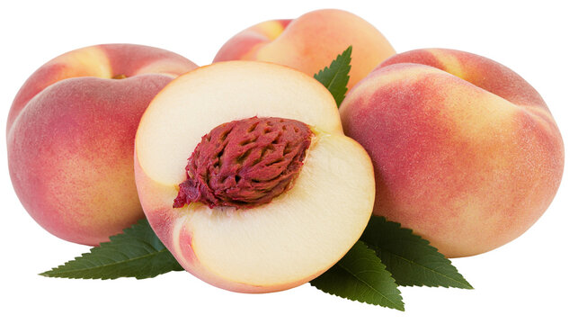 Ripe fuzzy peaches with green leaves one cut in half showing pit, isolated on transparent background