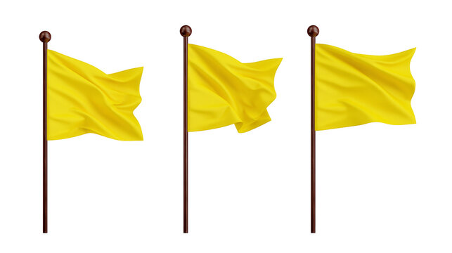 Three waving yellow flags on brown poles, isolated on transparent background