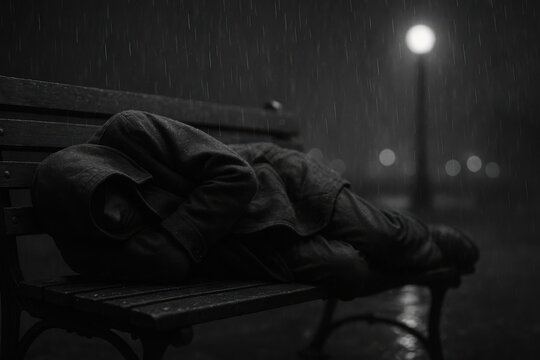 Person in a dark hooded jacket rests on a bench in the rain at night, illuminated by a nearby street lamp in an urban setting