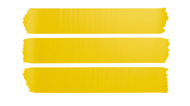 Three bright yellow paper tape strips with torn edges, isolated on transparent background