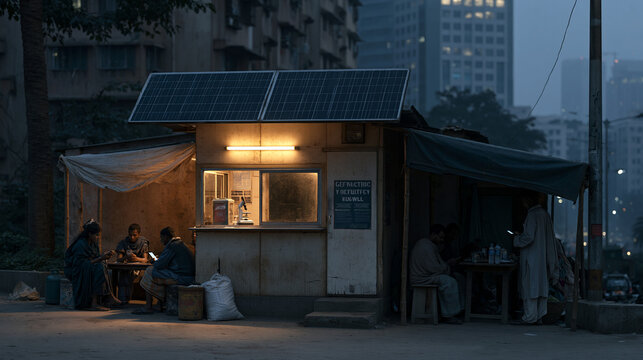 Nighttime street in a dense South Asian megacity where one block is completely dark except for a single community solar kiosk glowing warm yellow, residents charging phones and
