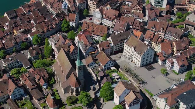 Aerial view around the old town of the city Zug, switzerland on a sunny spring noon.