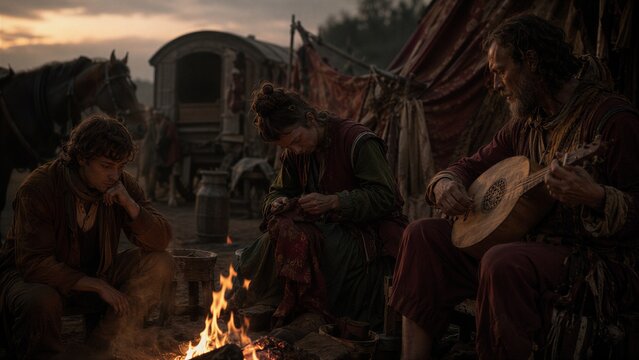 Medieval wandering performers sitting around campfire. Man playing lute while woman and man resting at caravan camp. Historical traveling troupe lifestyle in rural setting at sunset.