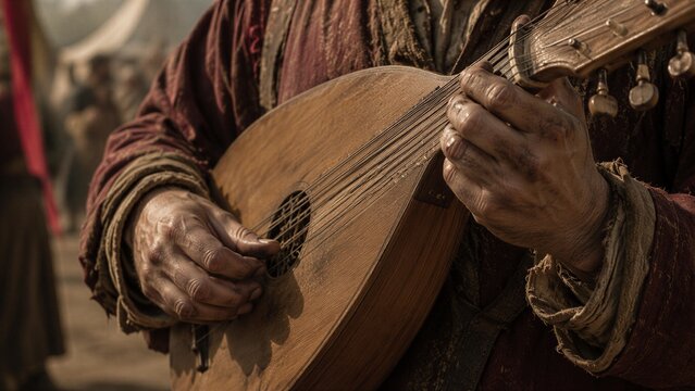 Man minstrel playing ancient lute instrument in medieval village. Wandering artist performing folk music on wood string instrument. Cultural performance, historical reenactment, musician.