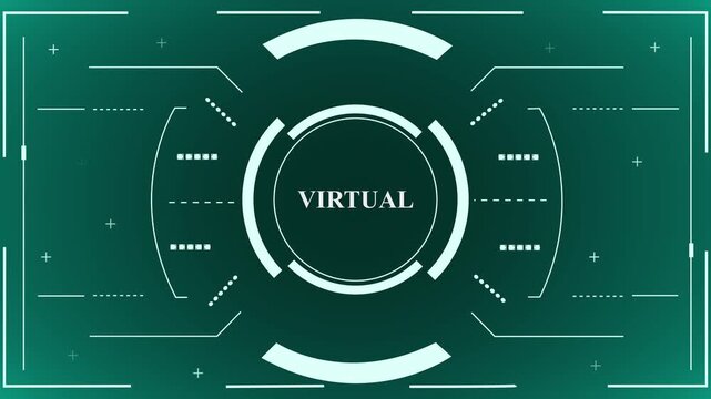 A futuristic blue holographic user interface displaying the word 'virtual' inside a circular target design. The technological screen features clean vector lines and a sci-fi HUD aesthetic.