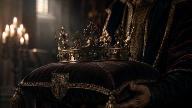 Medieval king holding a golden crown on a velvet cushion. Rich costume and royal regalia in a dark castle interior. Historical fantasy and monarchy power symbol, coronation ceremony.
