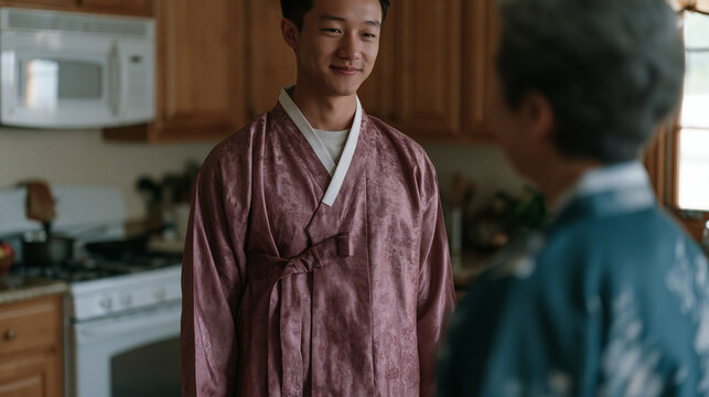 A Korean American teenager in basketball shorts reluctantly tries on a traditional hanbok at his grandmother's insistence, both laughing despite the tension, kitchen warm with