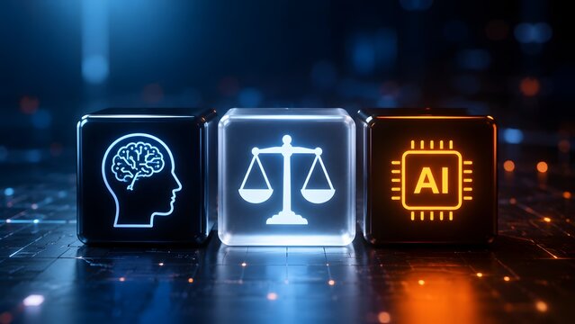 Artificial intelligence ethics concept showing brain and ai chip cubes surrounding scales of justice on digital background