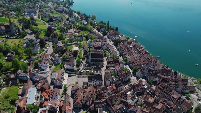 Aerial view around the old town of the city Zug, switzerland on a sunny spring noon.