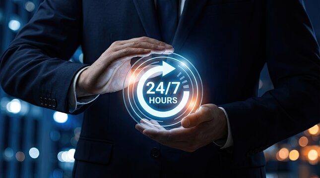 Businessman holding 24 7 hours digital interface continuous service concept
