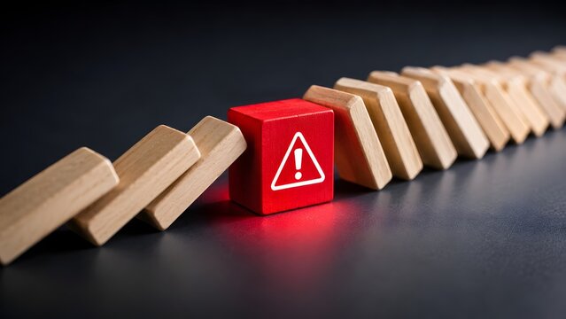 Red warning alert block stopping falling wooden dominoes representing crisis management and risk prevention