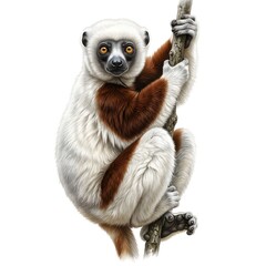 Fototapeta premium White and brown primate hanging on a tree branch detailed illustration