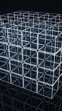 Vertical video: Shifting modular cube by LED breaking into nodes and reforming with rods over floor