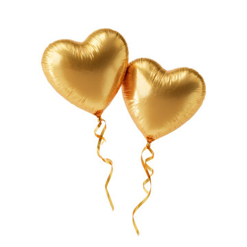 Two shiny gold heart shaped balloons on transparent background hearts valentine love romance celebration party festive