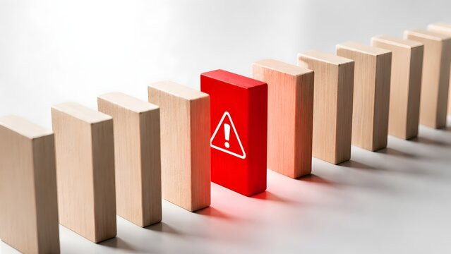 Red wooden block with warning alert triangle standing out in a row representing risk anomaly and error detection