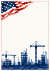 Naklejka premium Watercolor illustration of a construction site with cranes and buildings, American flag above. Perfect for Labor Day, industry events, or patriotic projects.
