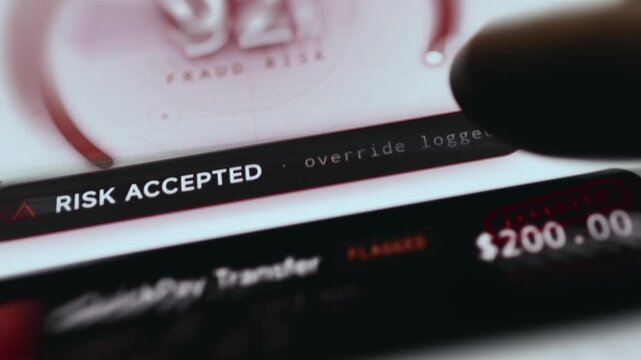 Risk scoring system showing 92 percent fraud risk with override enabled for transaction approval