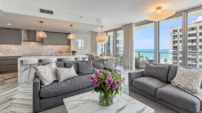 Modern living room interior with ocean view and stylish furniture